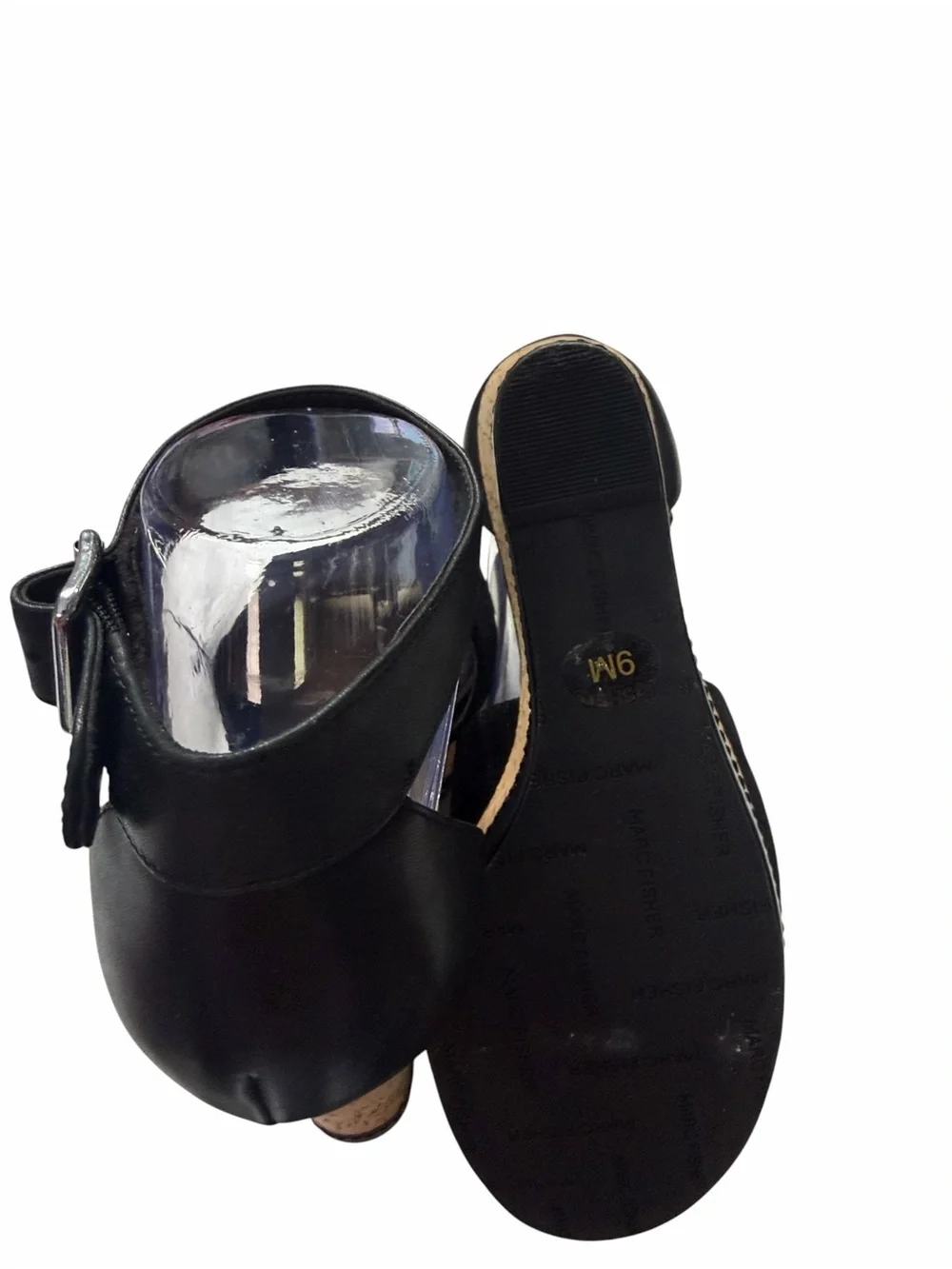 Marc Fischer Black Cork Wedge Sandals with Ankle Strap